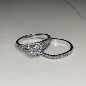 Size 8 Cushion-Cut Halo Sterling Silver Engagement Ring and Wedding Band set.